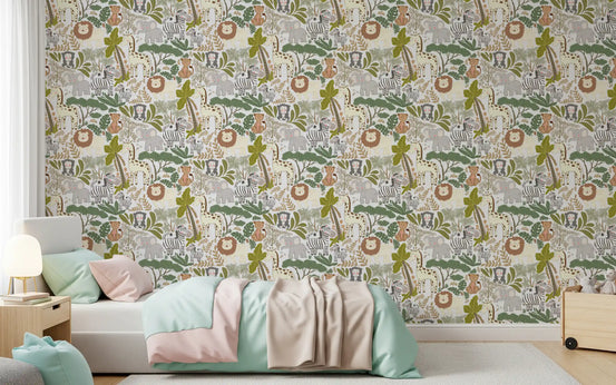 Charming jungle wildlife wallpaper creating a cozy feel in child's bedroom., GD9933