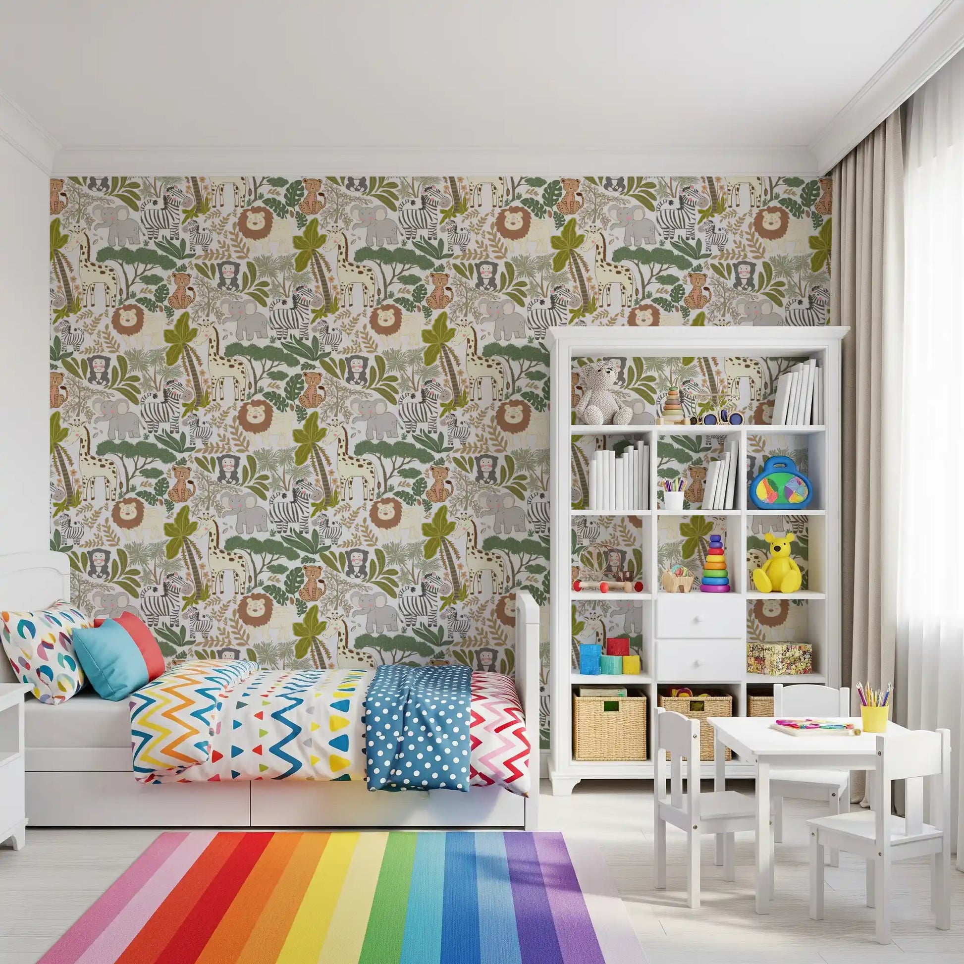 Gentle safari animals wallpaper for a calm and creative nursery space.