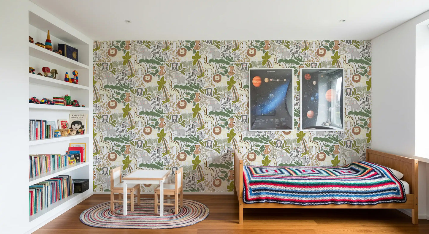 Hand-drawn safari friends with a soft, friendly illustrative wallpaper for a wall.
