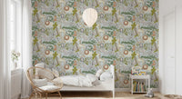 Cheerful jungle creatures on this Safari Pals wallpaper inside a kids bedroom.