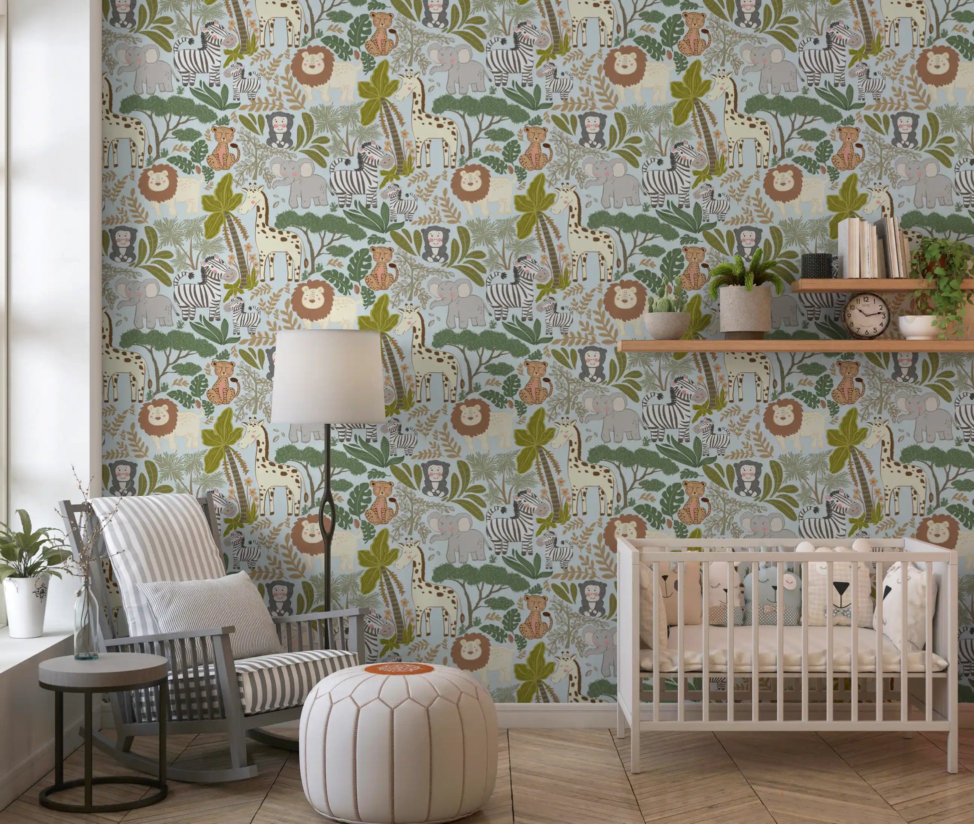 Soft blue Safari Pals wallpaper brings life to a creative study.