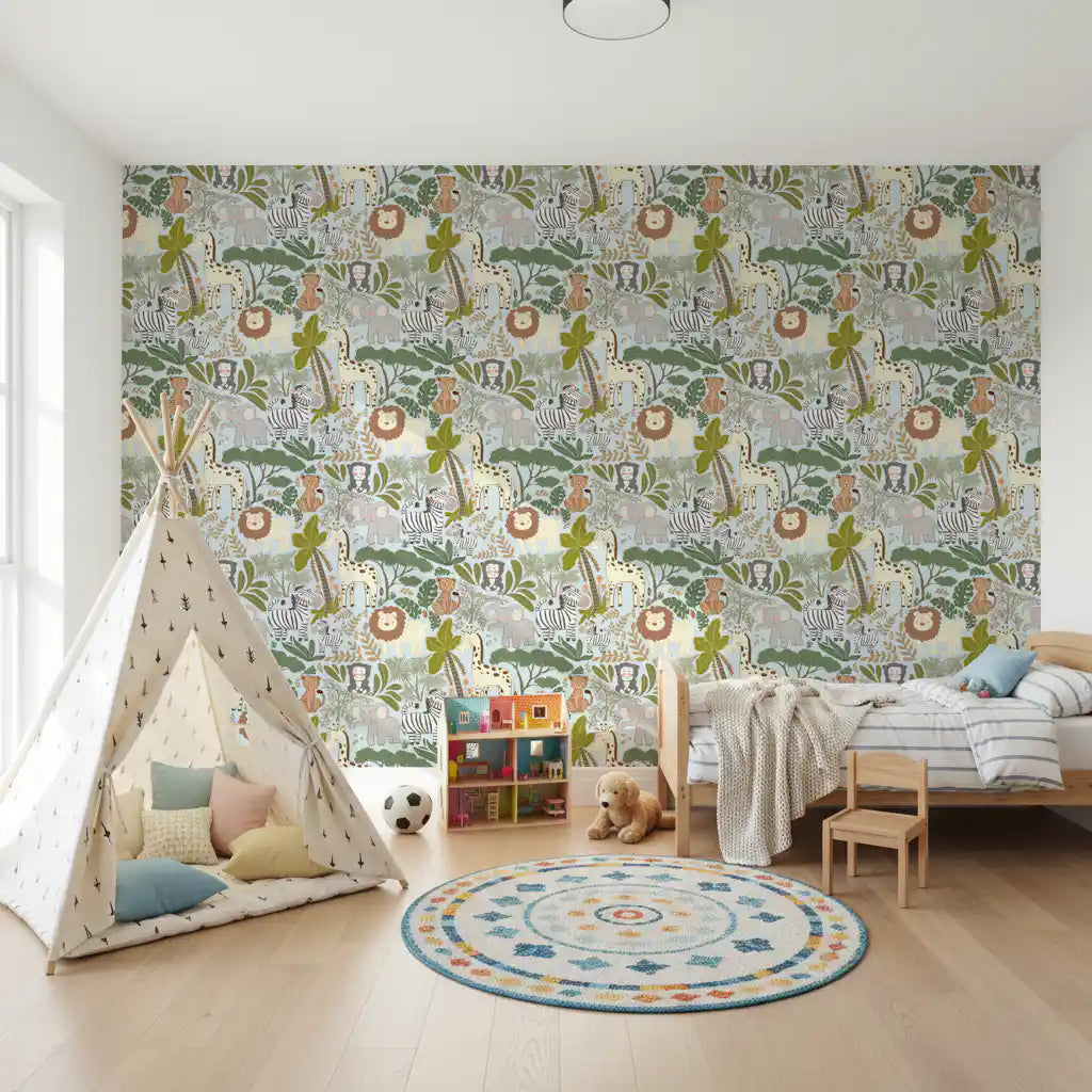 Safari Pals wallpaper with a soft blue sky and hand-drawn safari animals.