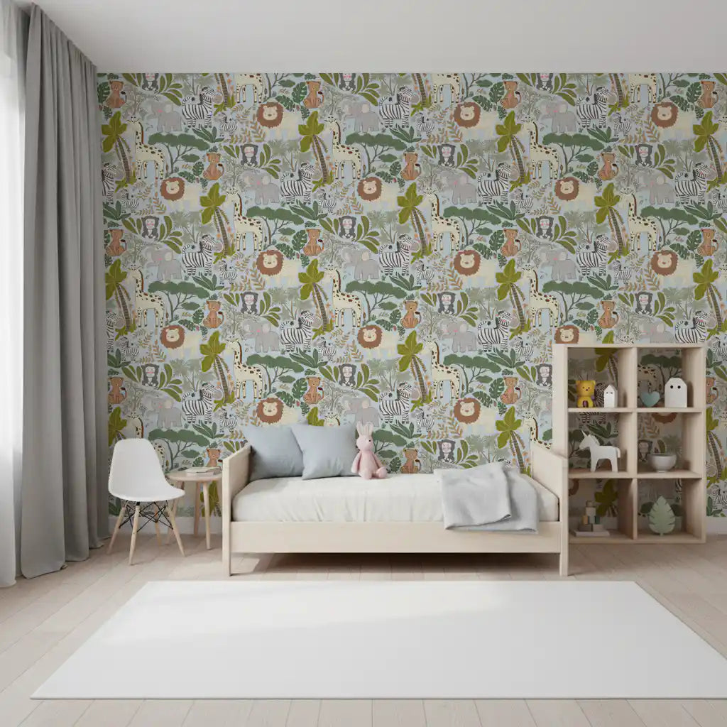 Tropical leaves surround friendly animals in this Safari Pals wallpaper pattern.