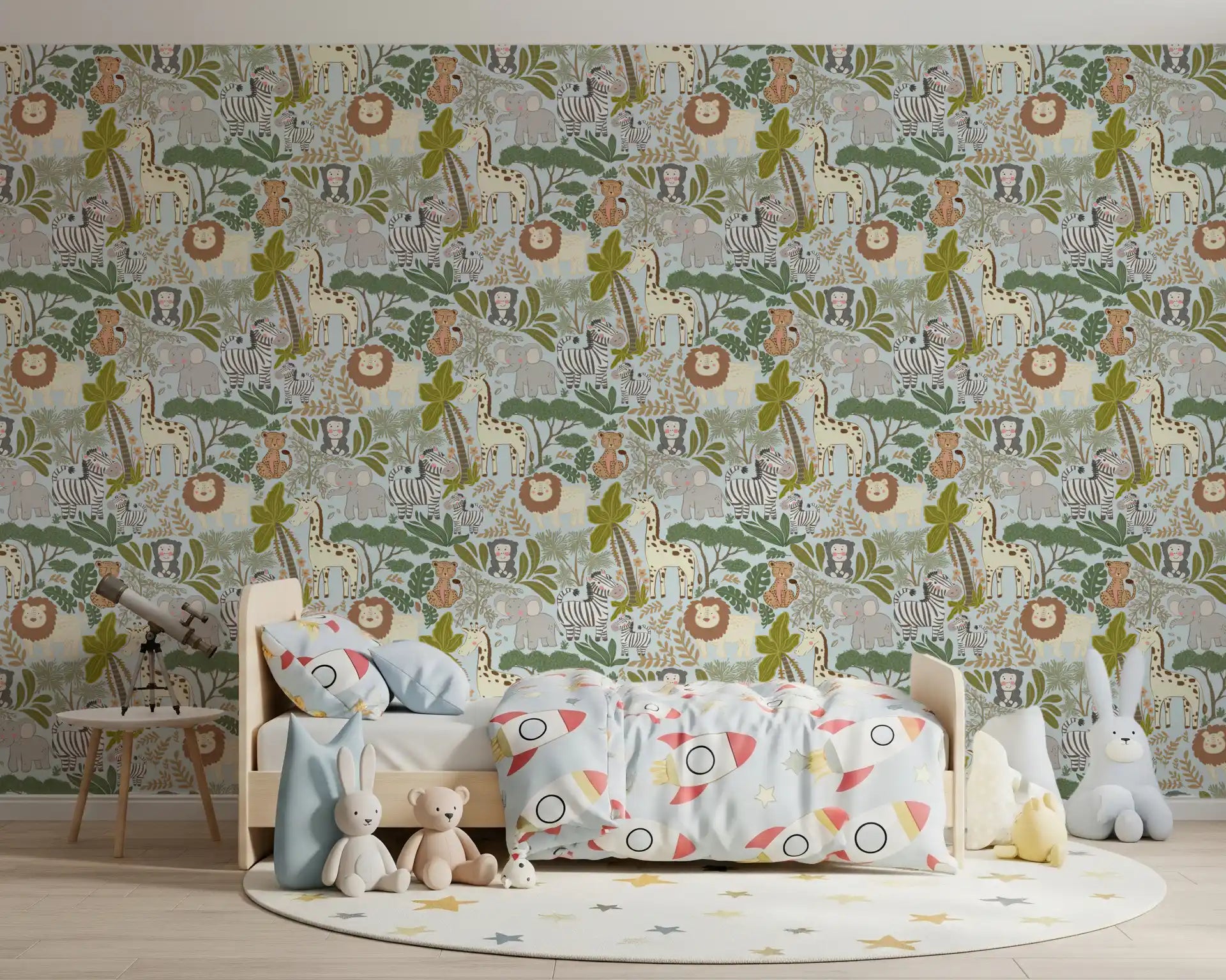 Pastel leopards and lions cover the Gentle Safari Pals wallpaper surface.