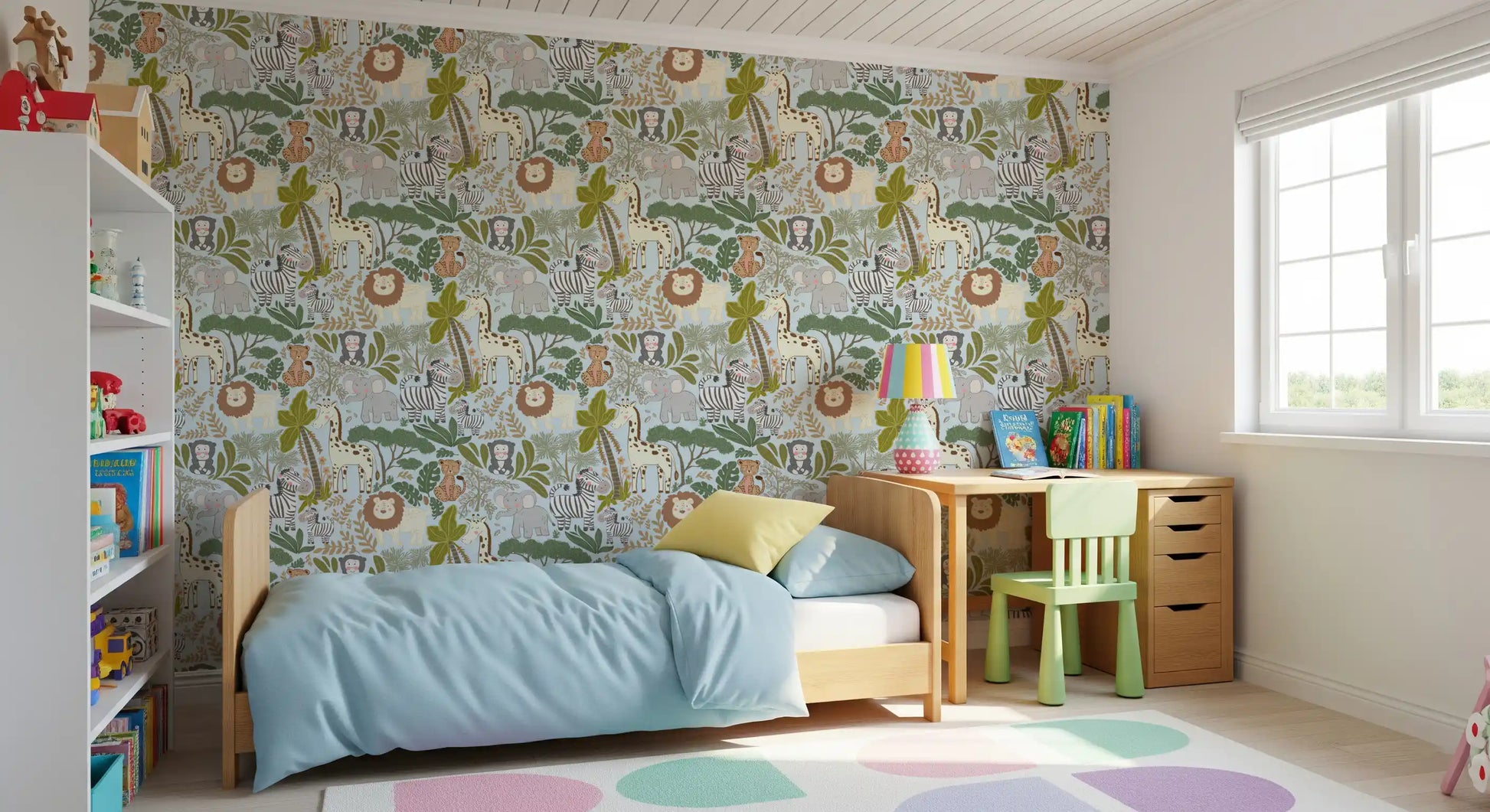 Safari Pals wallpaper adds a whimsical touch to a child's bedroom.