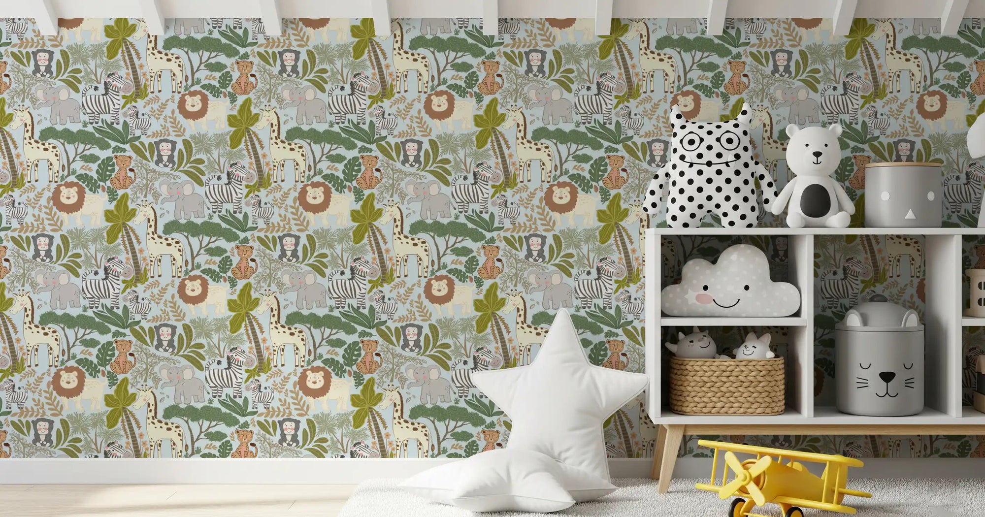 Playful animal patterns in this Safari Pals wallpaper for a cozy nursery., GD9934