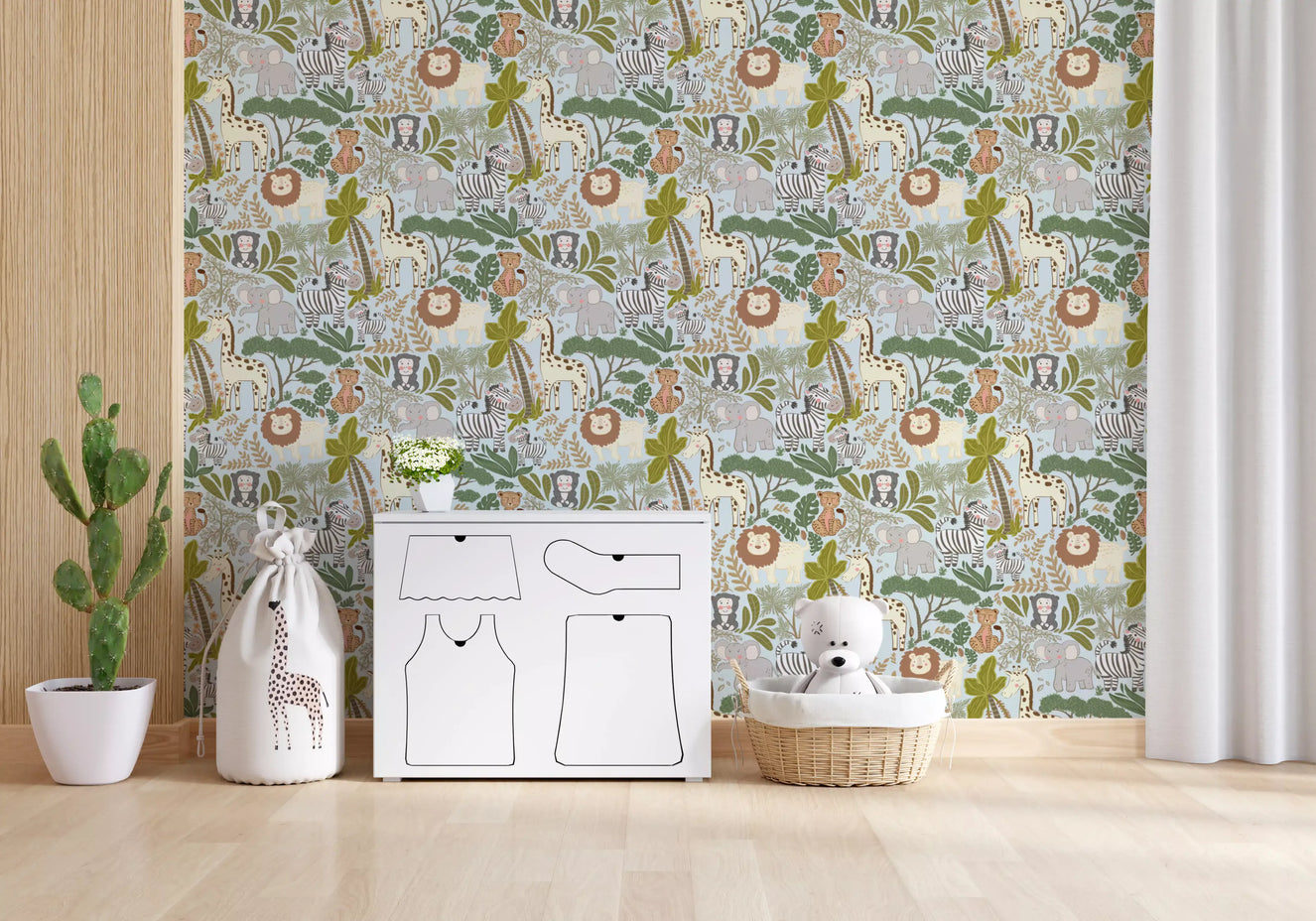 Gentle Safari wallpaper creates a friendly environment in any kids room.