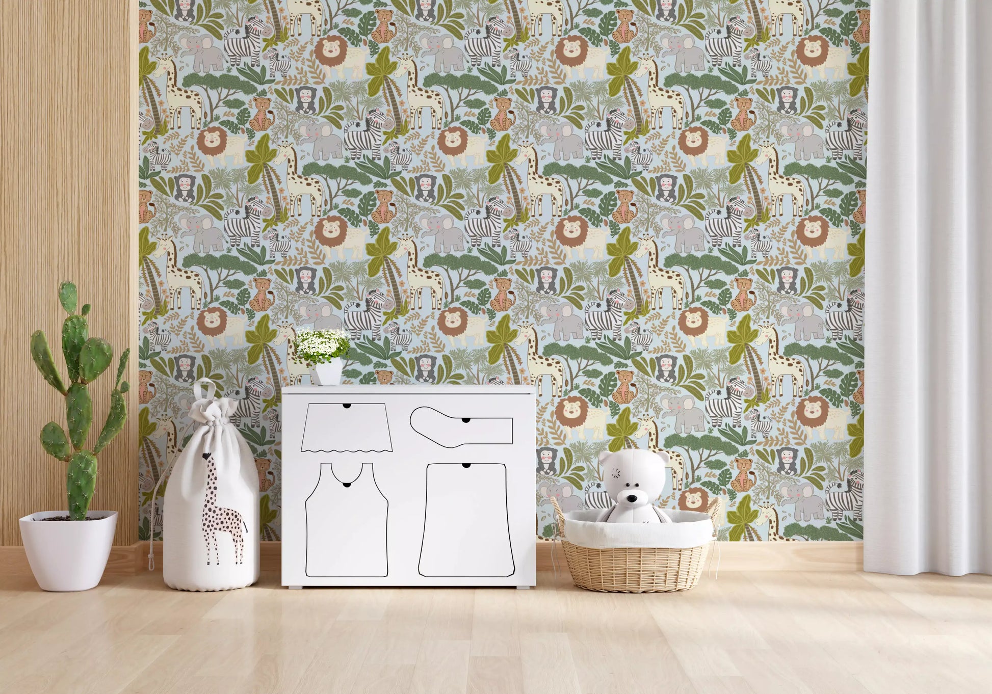 Gentle Safari wallpaper creates a friendly environment in any kids room.