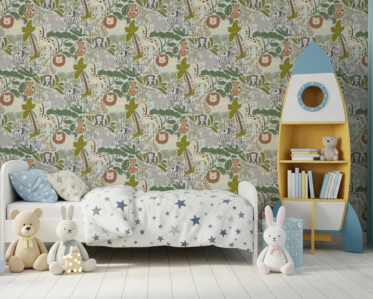 Hand-drawn animal wallpaper with lions and elephants motifs., GD9935
