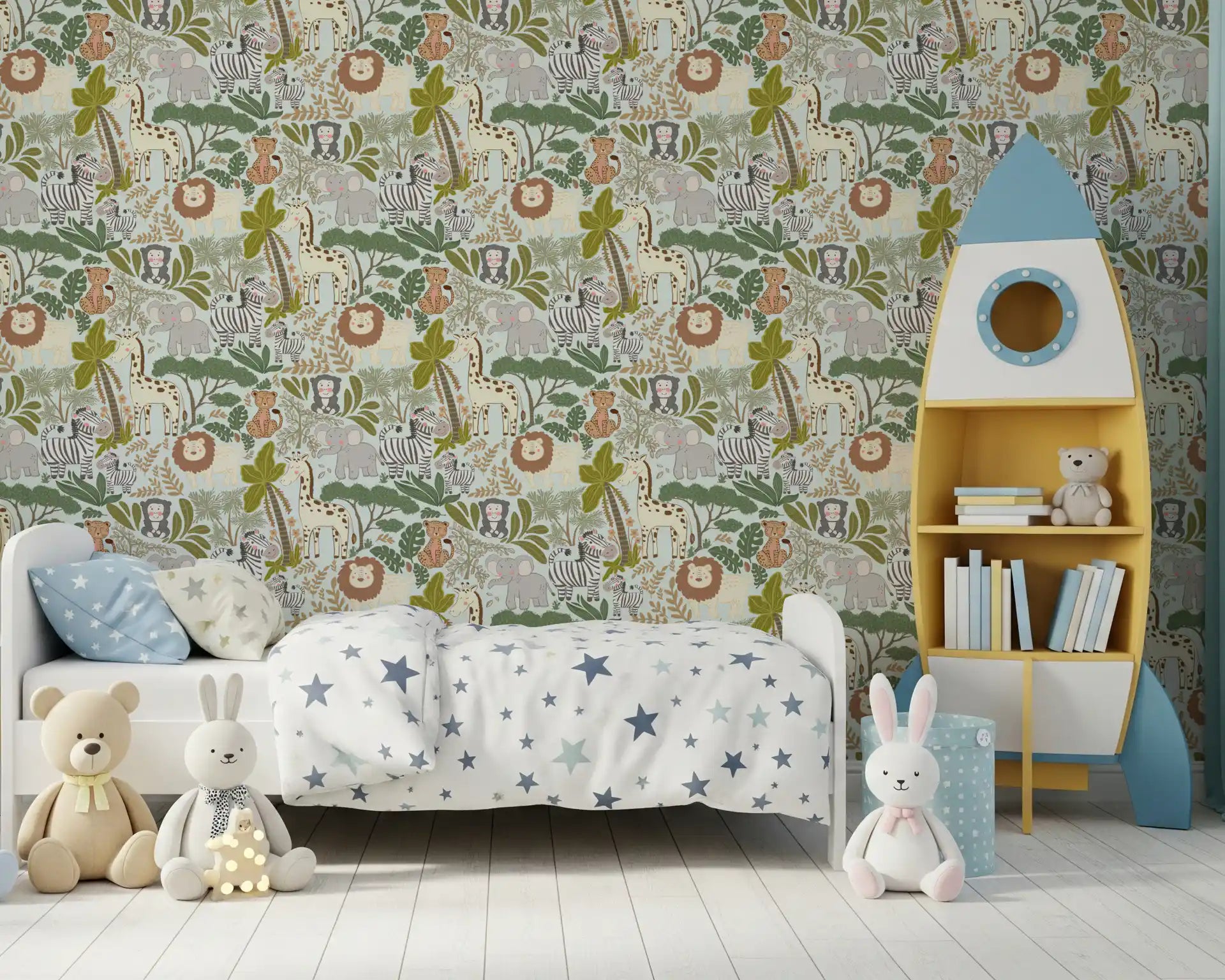 Hand-drawn animal wallpaper with lions and elephants motifs., GD9935