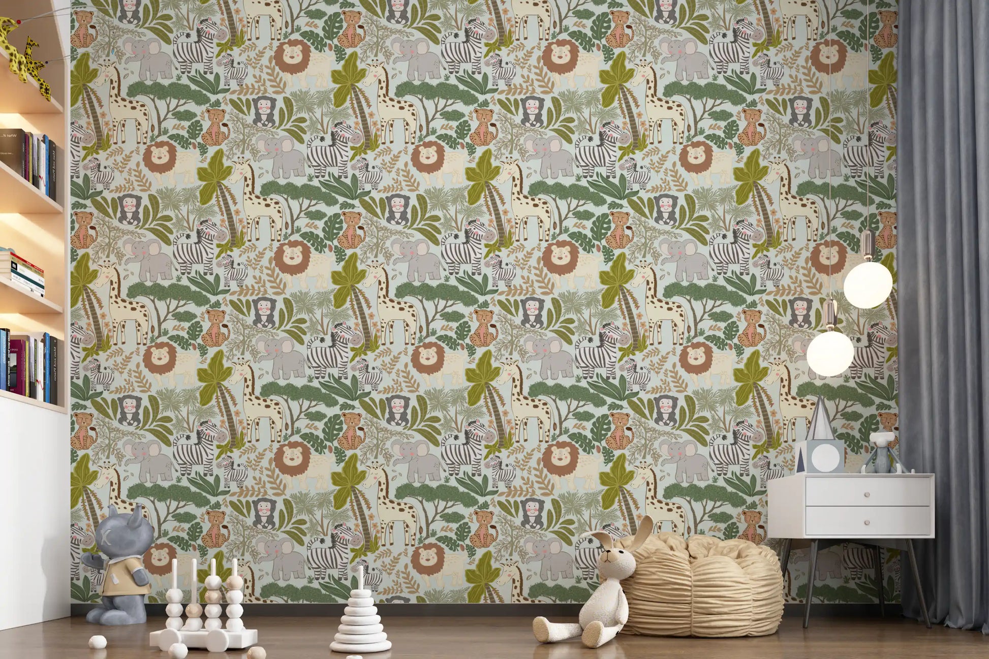 Playful jungle crew wallpaper for a  modern nursery wall., GD9935