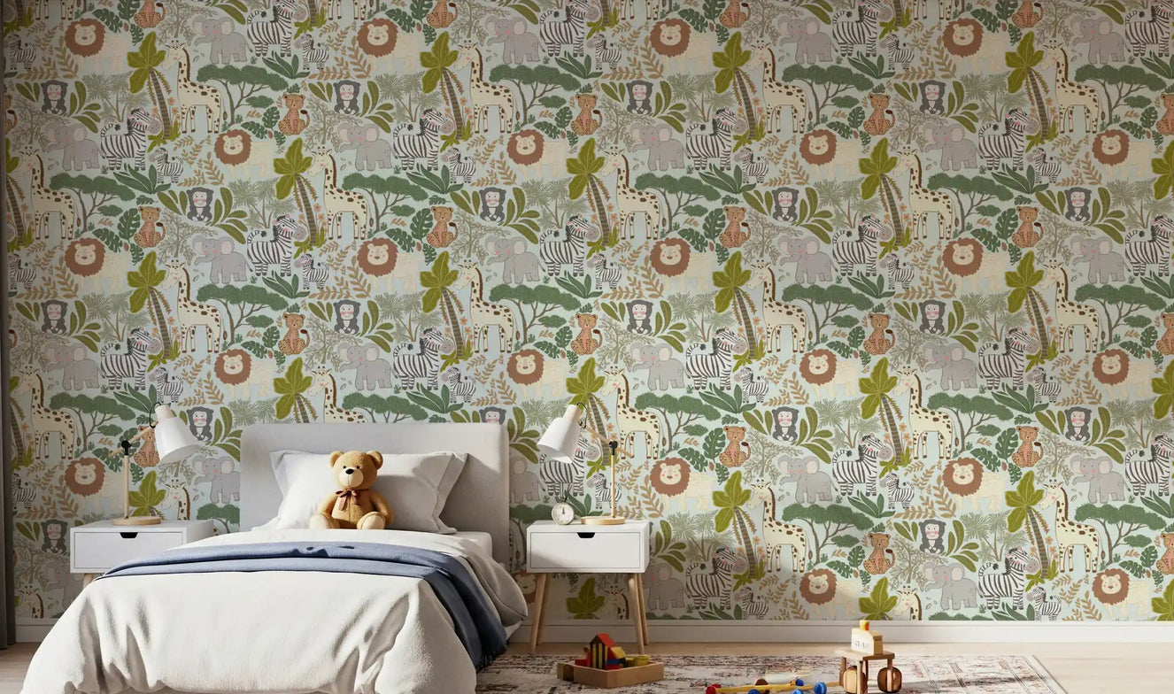 Soft mint Enchanted Jungle wallpaper in a kids bedroom.