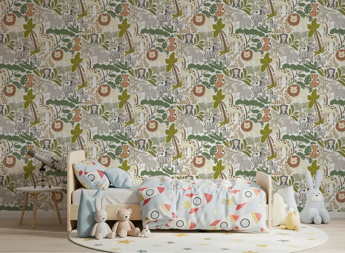 Bright kids bedroom featuring the Playful Jungle Pals wallpaper