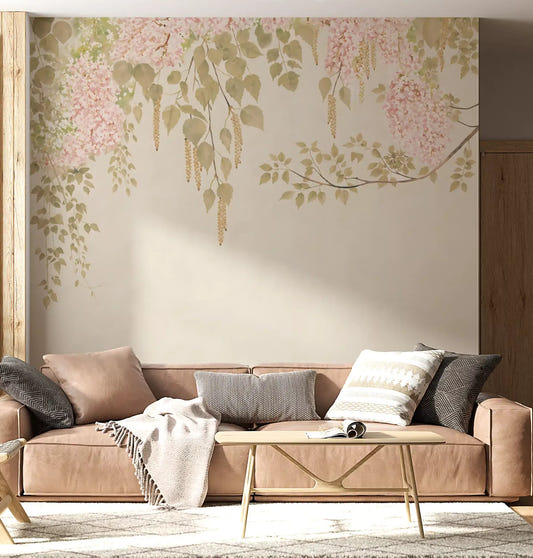 A calming main living wall background using delicate wisteria floral wall mural