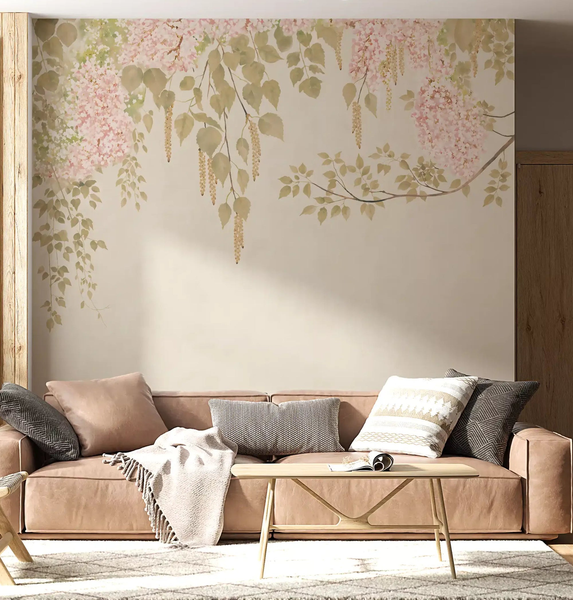 A calming main living wall background using delicate wisteria floral wall mural, GD9937