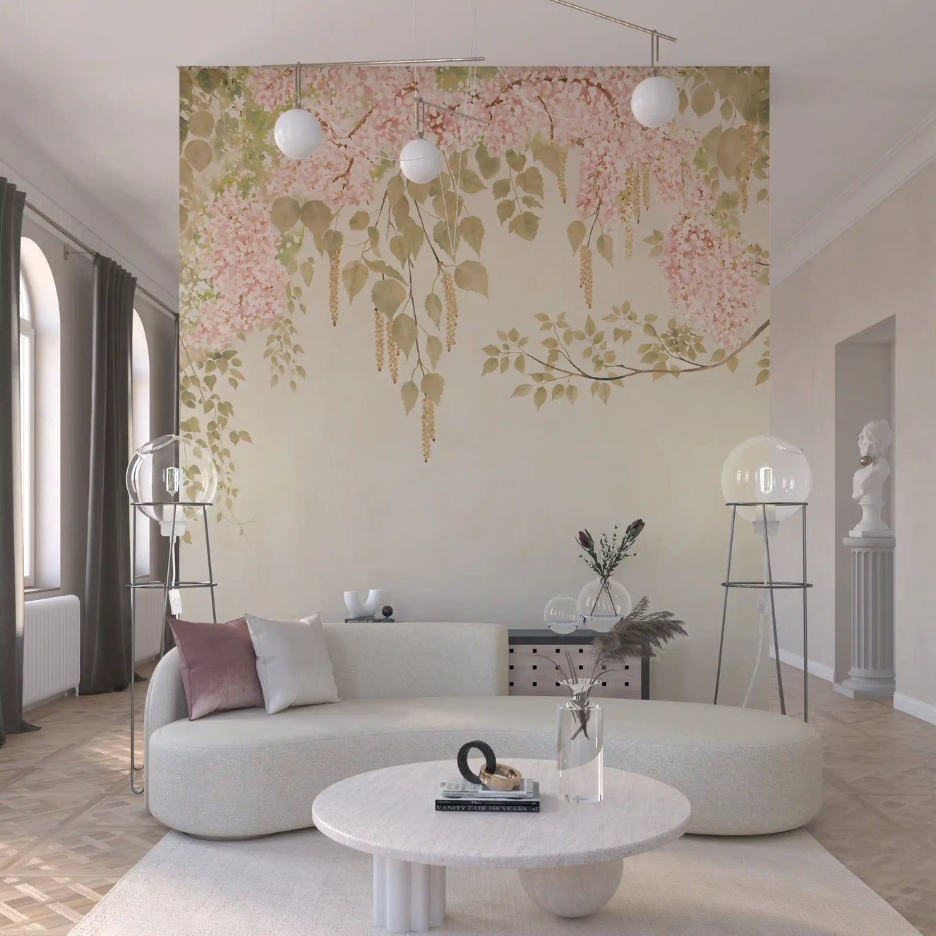 Hanging this soft pink wisteria canopy mural creates a serene hallway.