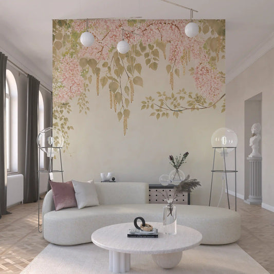 Hanging this soft pink wisteria canopy mural creates a serene hallway.
