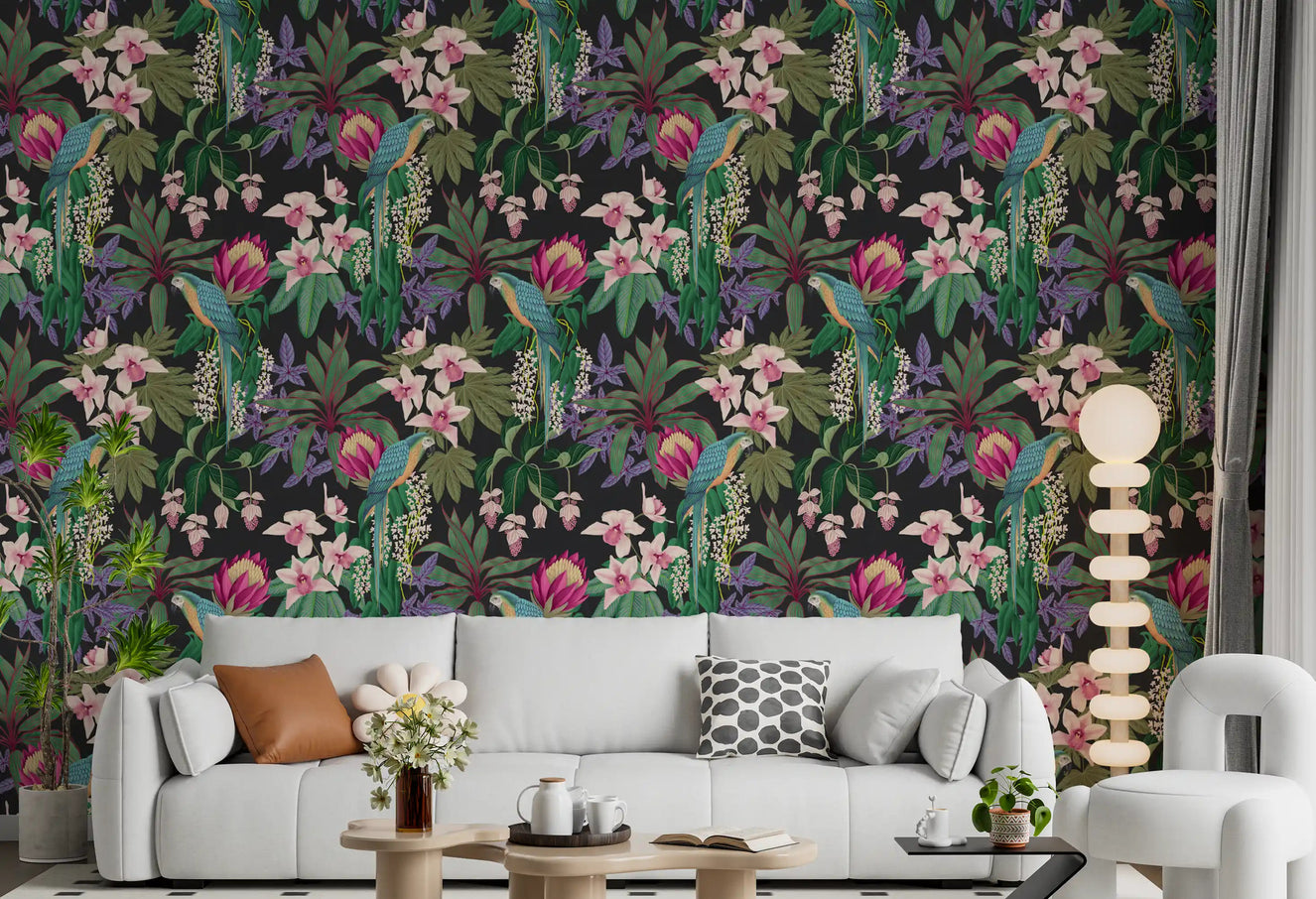 Living room walls covered in the Tropical Macaw & Orchid wallpaper.