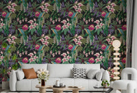Living room walls covered in the Tropical Macaw & Orchid wallpaper., GD9938