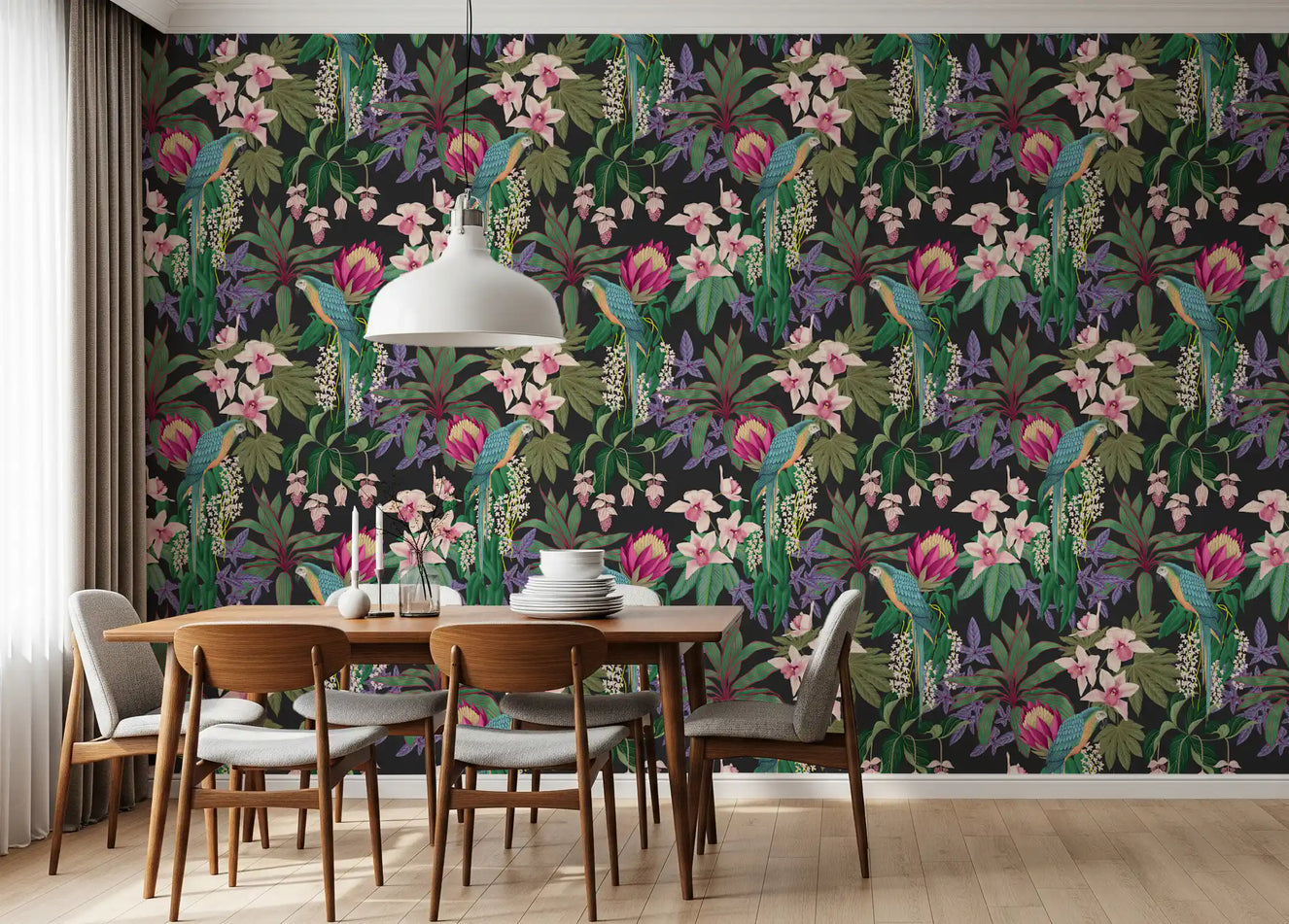 Dark floral Macaw & Orchid wallpaper setting the mood in a dining room.