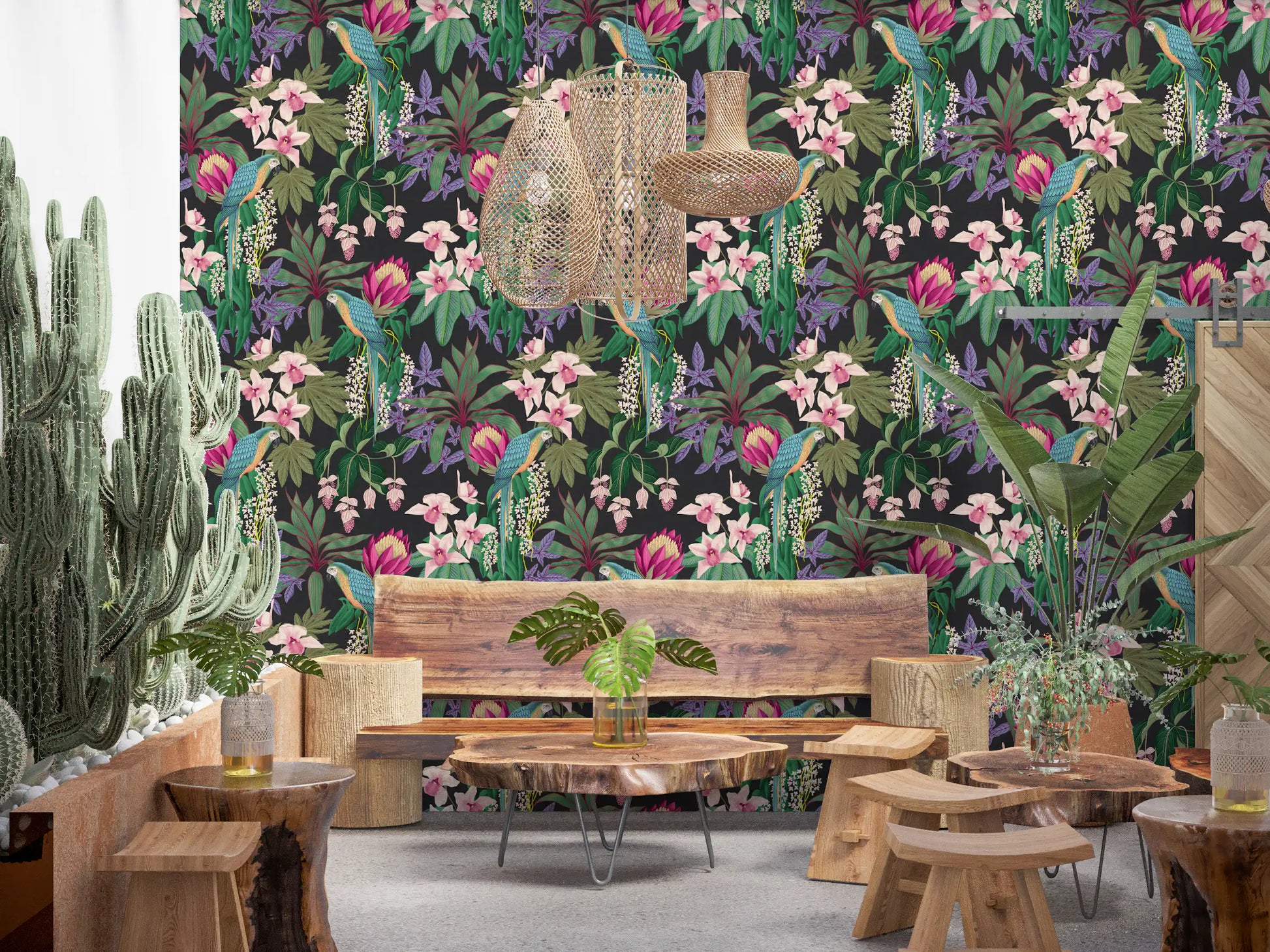 Seamless tropical patterns flow across the vibrant Macaw wallpaper., GD9938