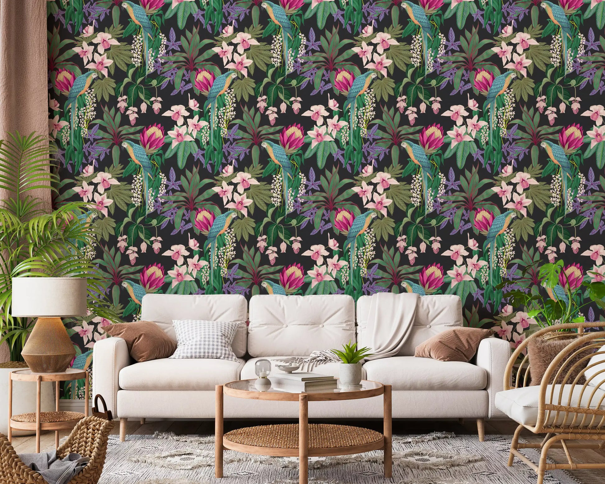The Orchid Bloom wallpaper creating a jungle vibe inside a living area., GD9938