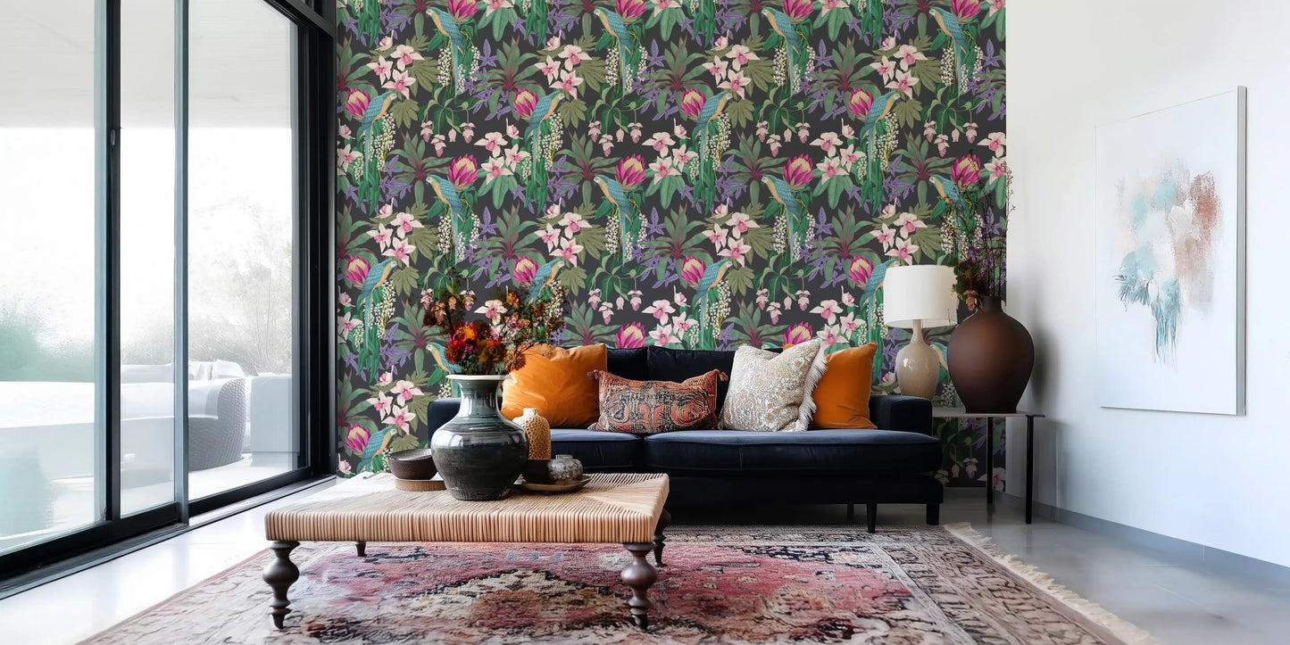 Intricate green and purple leaves border the Tropical Macaw & Orchid Bloom wallpaper., GD9938