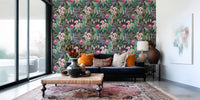 Intricate green and purple leaves border the Tropical Macaw & Orchid Bloom wallpaper., GD9938