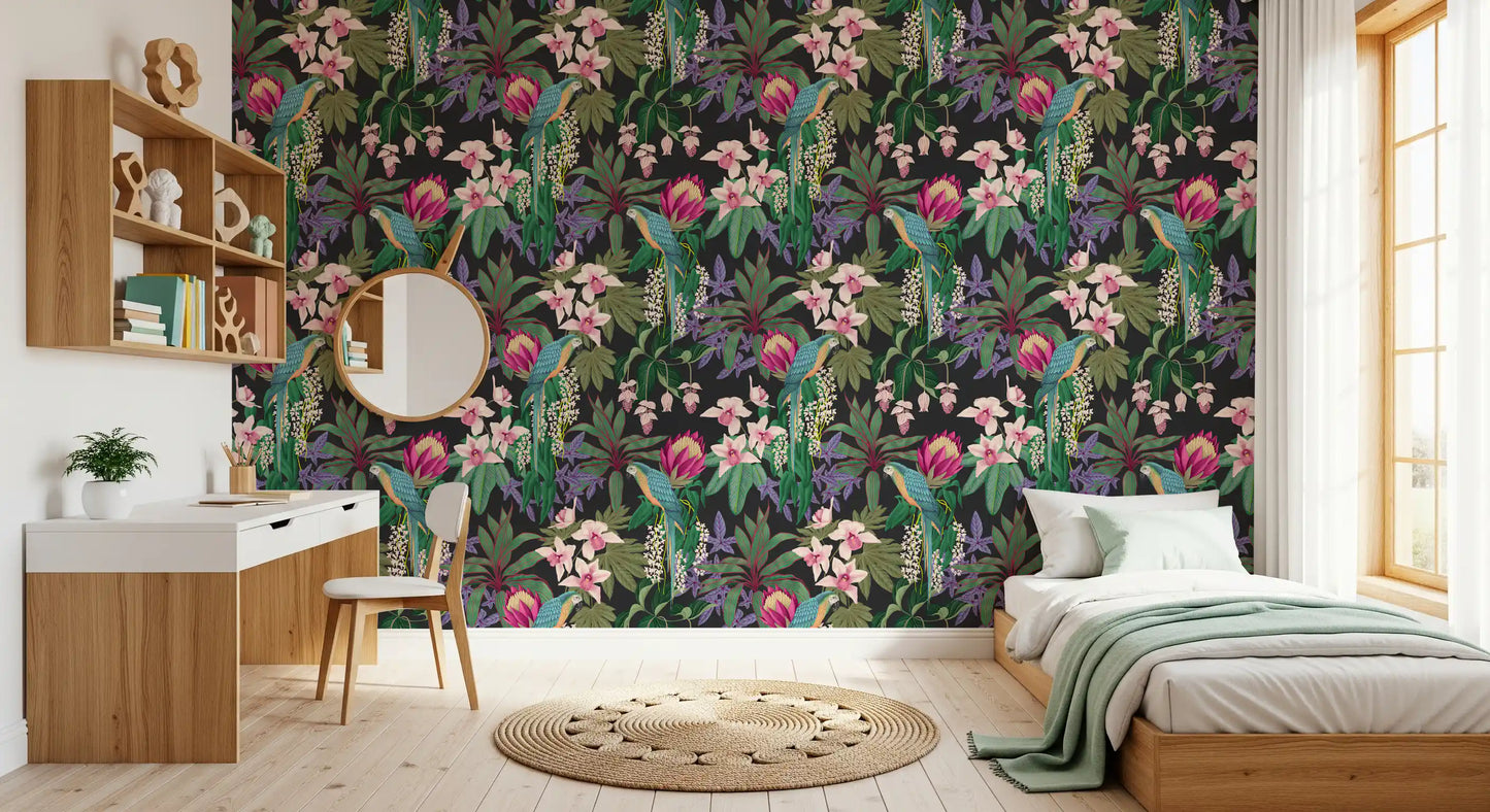 A peaceful bedroom featuring the Macaw & Orchid Bloom wallpaper., GD9938