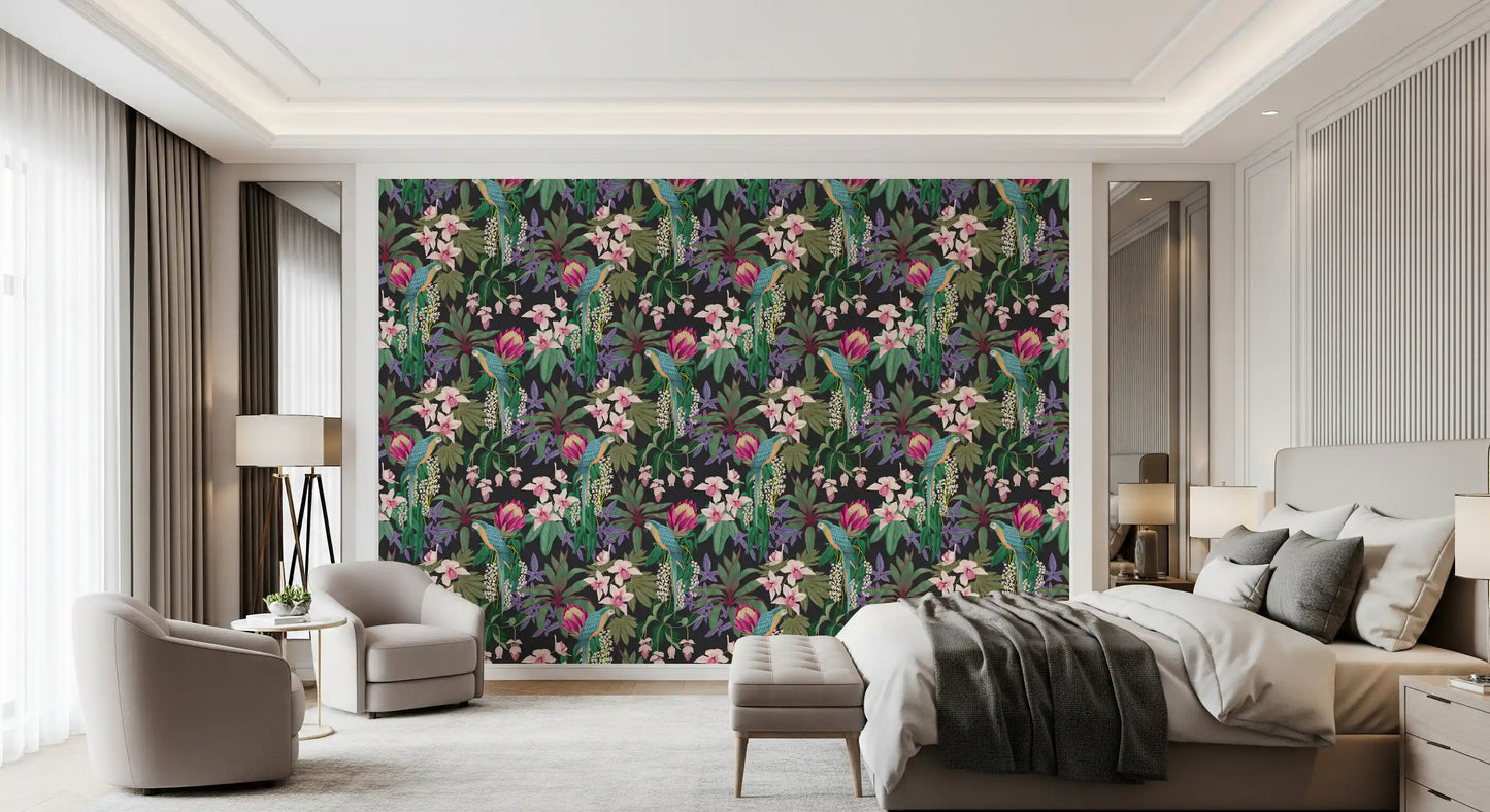Bright blue parrots sit among pink flowers on this Tropical Macaw wallpaper., GD9938
