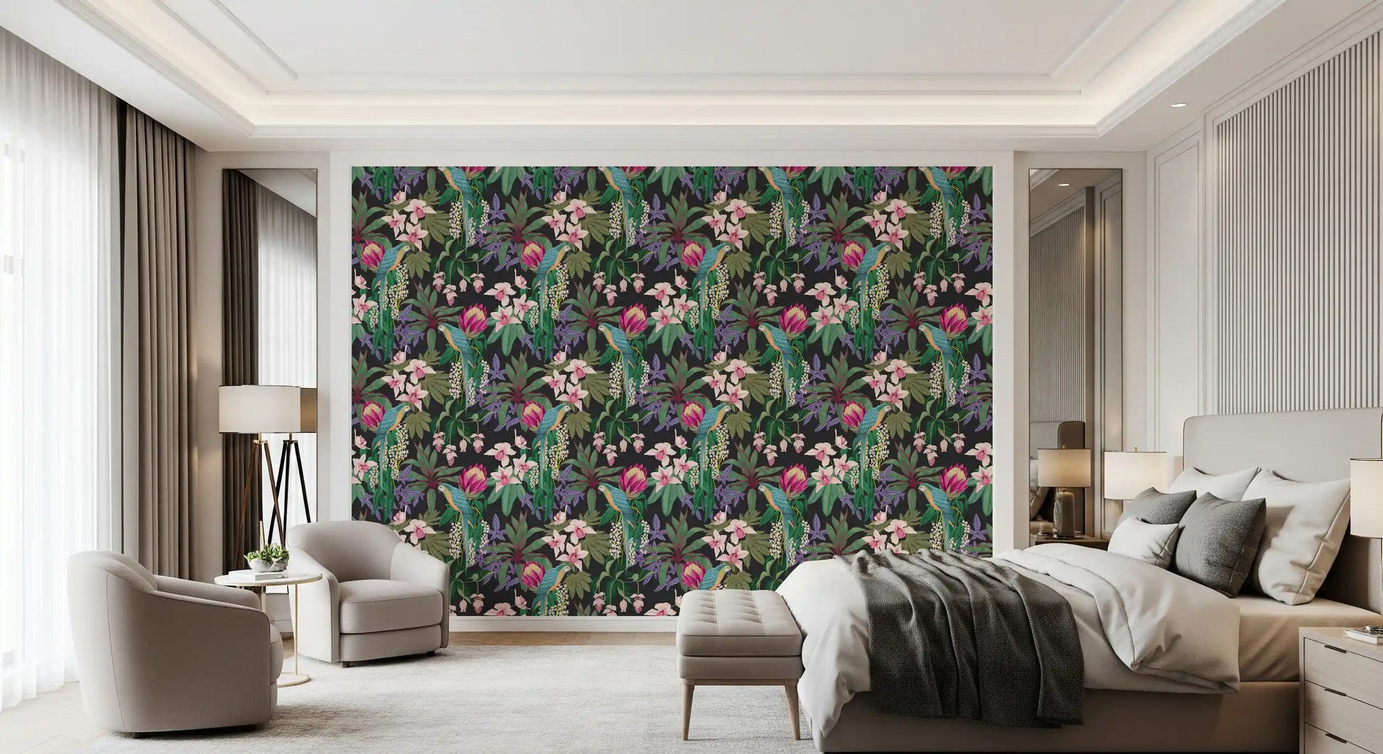 Bright blue parrots sit among pink flowers on this Tropical Macaw wallpaper., GD9938