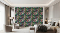 Bright blue parrots sit among pink flowers on this Tropical Macaw wallpaper., GD9938