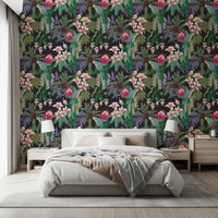 Tropical Macaw botanical wallpaper surrounding a bright bedroom., GD9938