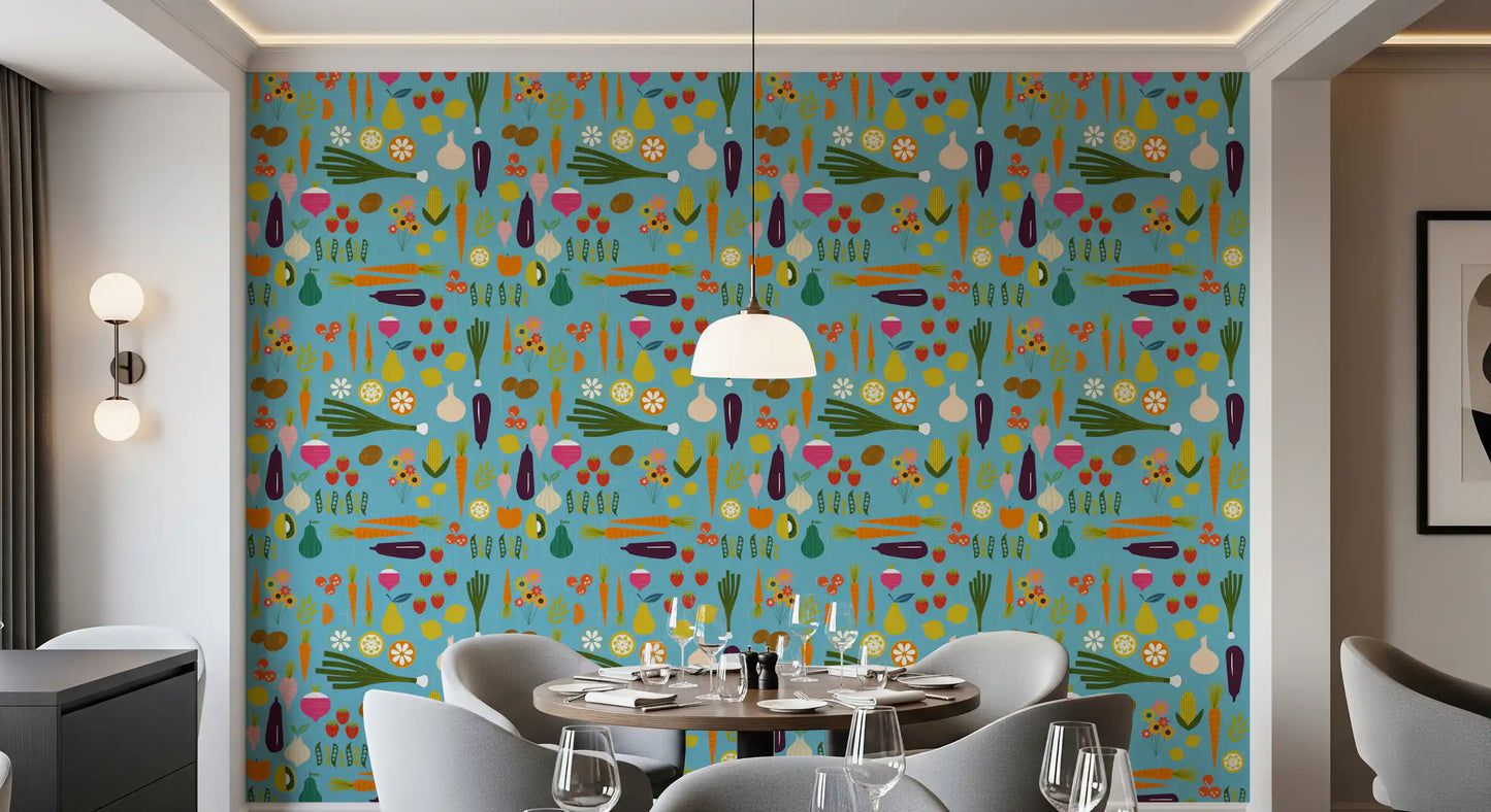 Colorful dining nook highlighted by the retro veggie wallpaper., GD9939