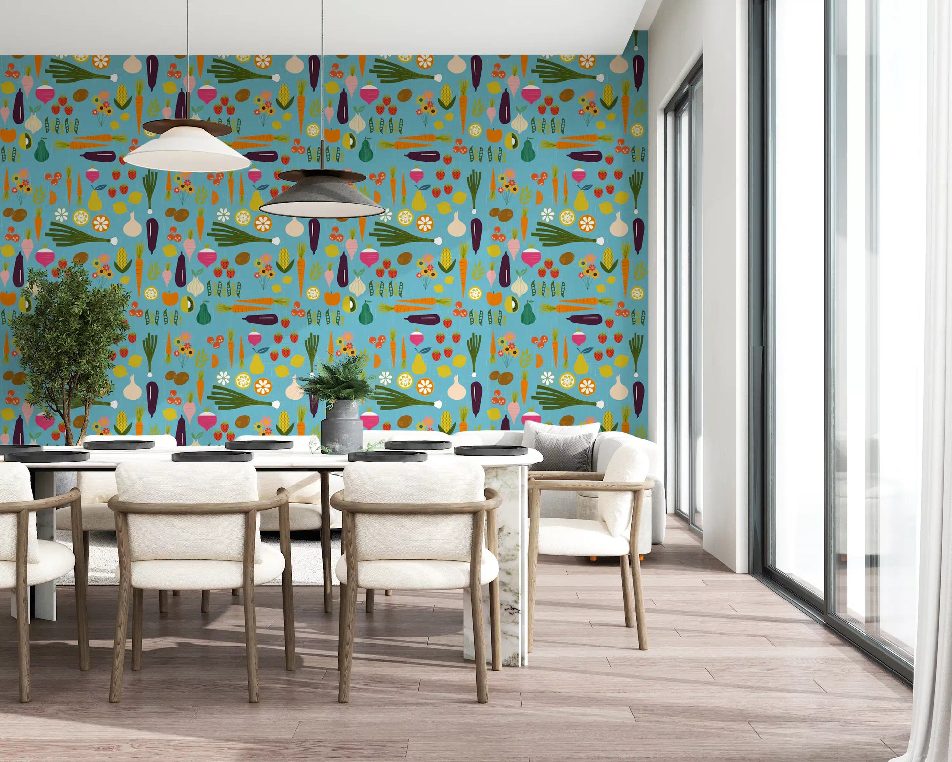 Geometric food illustrations featured in the blue veggie wallpaper., GD9939