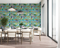Geometric food illustrations featured in the blue veggie wallpaper., GD9939