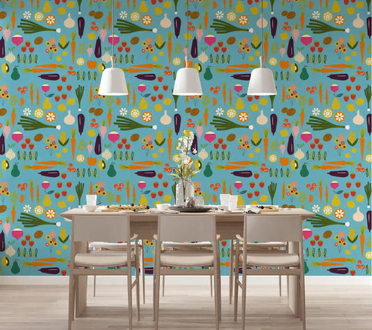 Blue veggie kitchen wallpaper adding color to a bright dining space.