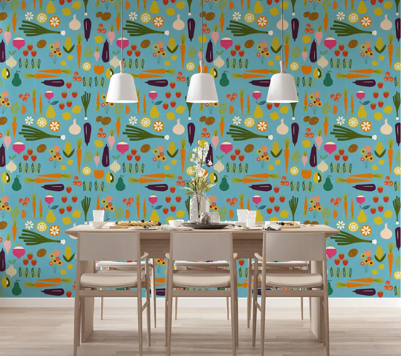 Blue veggie kitchen wallpaper adding color to a bright dining space.