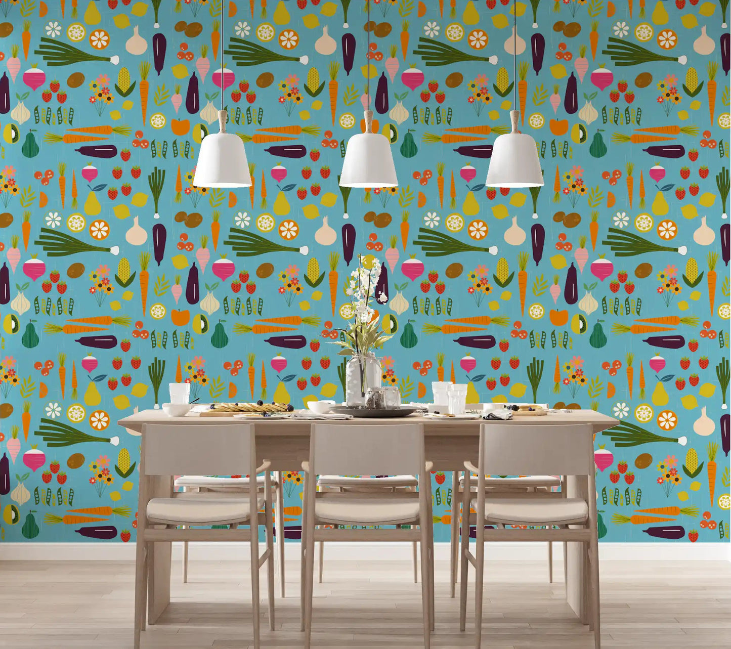 Blue veggie kitchen wallpaper adding color to a bright dining space., GD9939