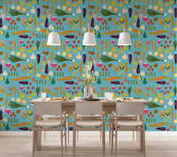 Blue veggie kitchen wallpaper adding color to a bright dining space., GD9939
