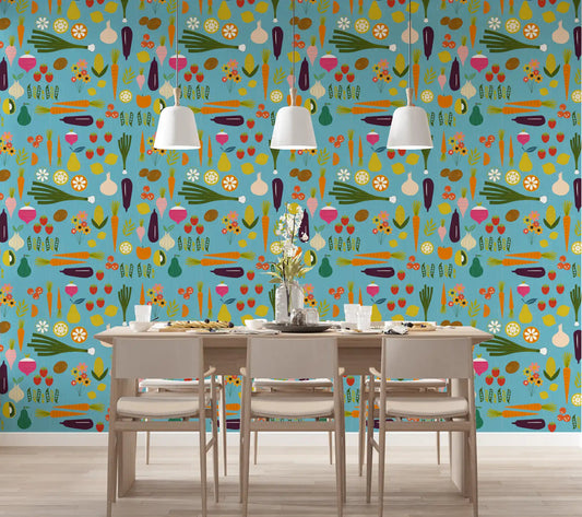 Blue veggie kitchen wallpaper adding color to a bright dining space.