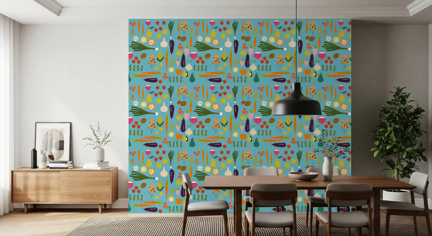 Sunlit dining room atmosphere set by the blue veggie pattern wallpaper., GD9939