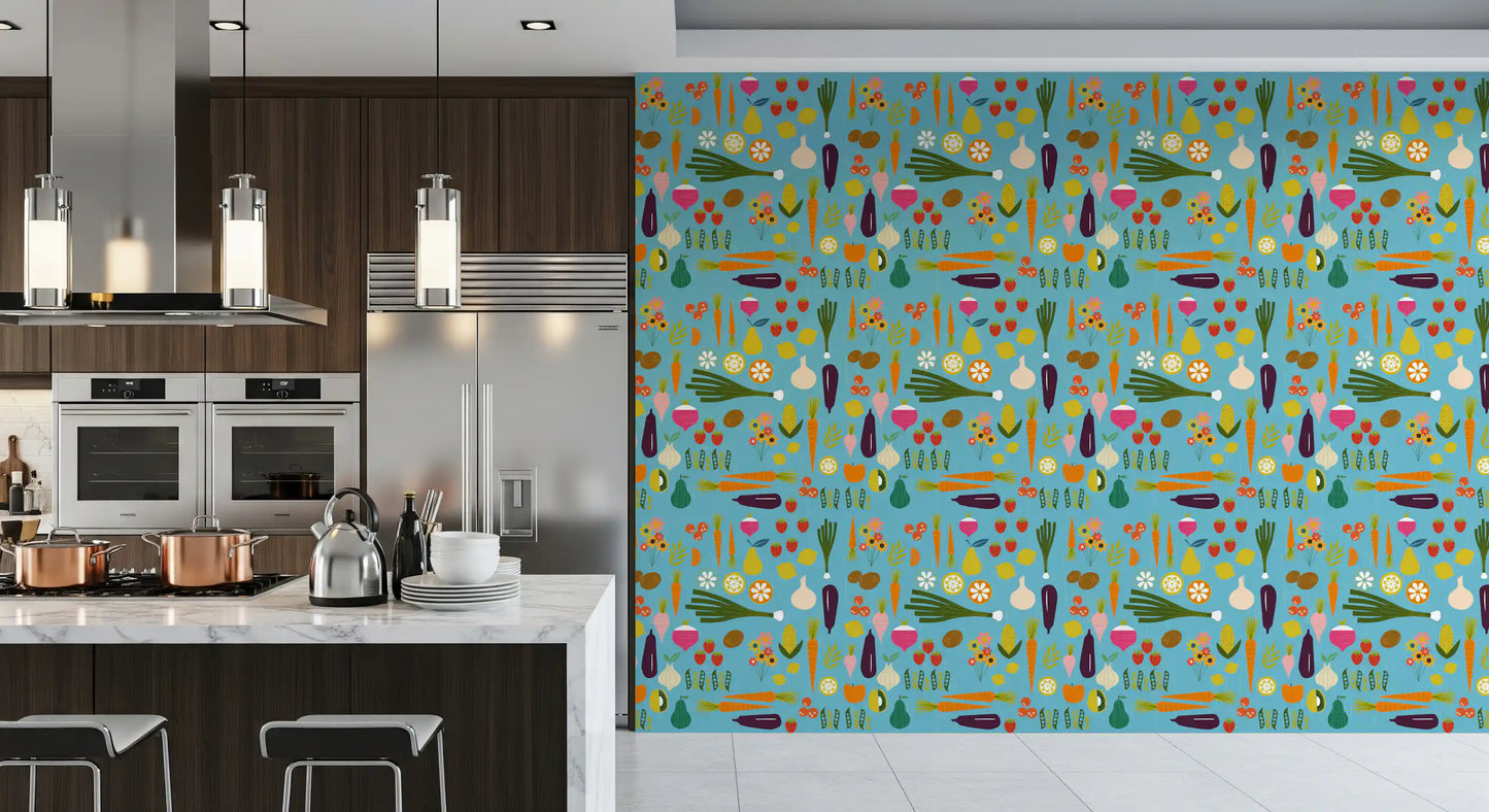 Modern kitchen layout displaying the mid century modern veggie wallpaper, GD9939
