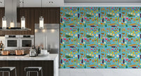 Modern kitchen layout displaying the mid century modern veggie wallpaper, GD9939