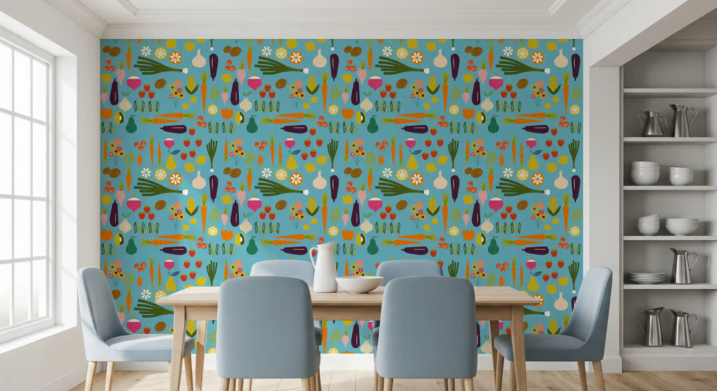 Vibrant carrots and strawberries on the retro veggie wallpaper., GD9939