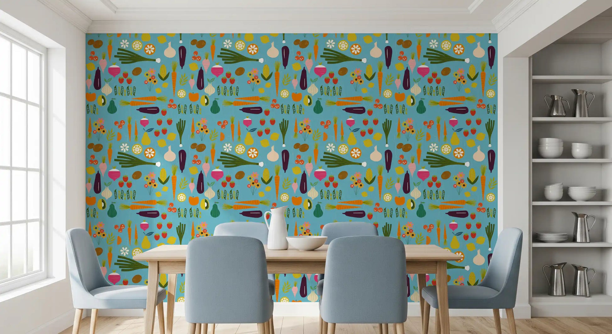 Vibrant carrots and strawberries on the retro veggie wallpaper., GD9939