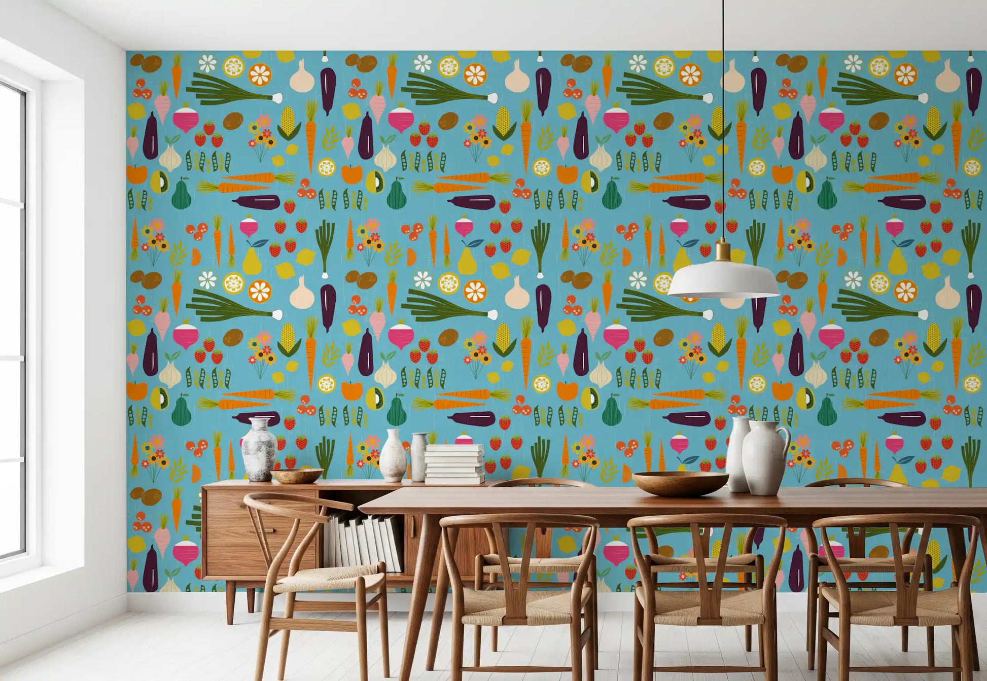 Organized dining rom backdrop featuring the blue veggie wallpaper., GD9939
