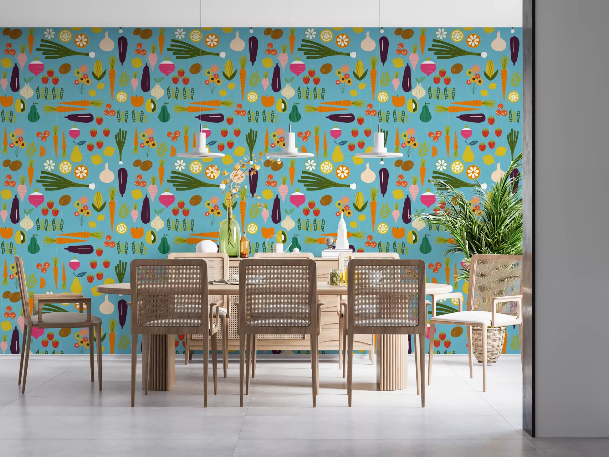 Mid century modern wallpaper enhancing a family dining room., GD9939