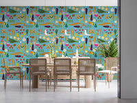 Mid century modern wallpaper enhancing a family dining room., GD9939