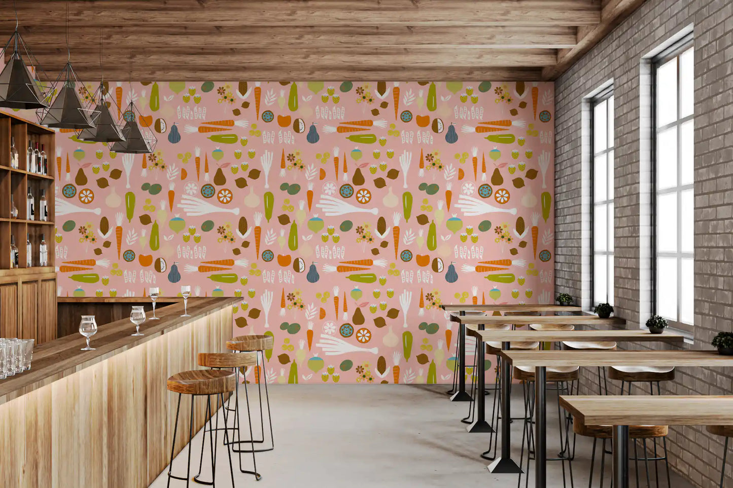 Mid century modern kitchen wallpaper adds color to a sunlit bar interior.